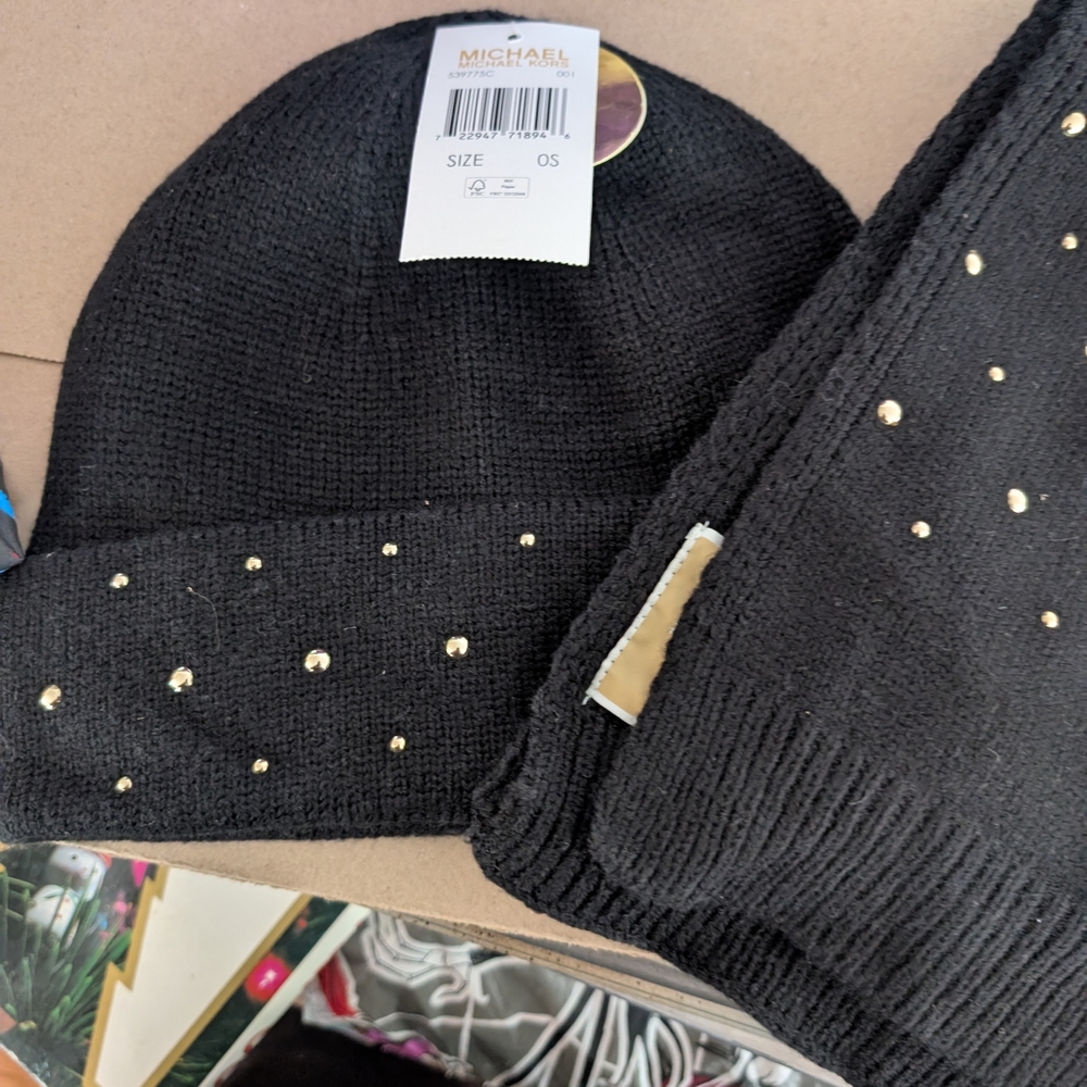 Michael Kors Black and Gold Kids Beanie and Scarf Set